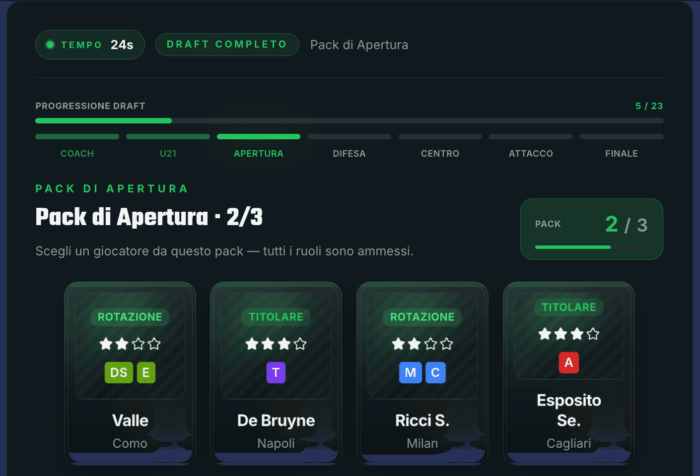Schermata del Draft FantaPick: Pack di Apertura con 4 carte giocatore